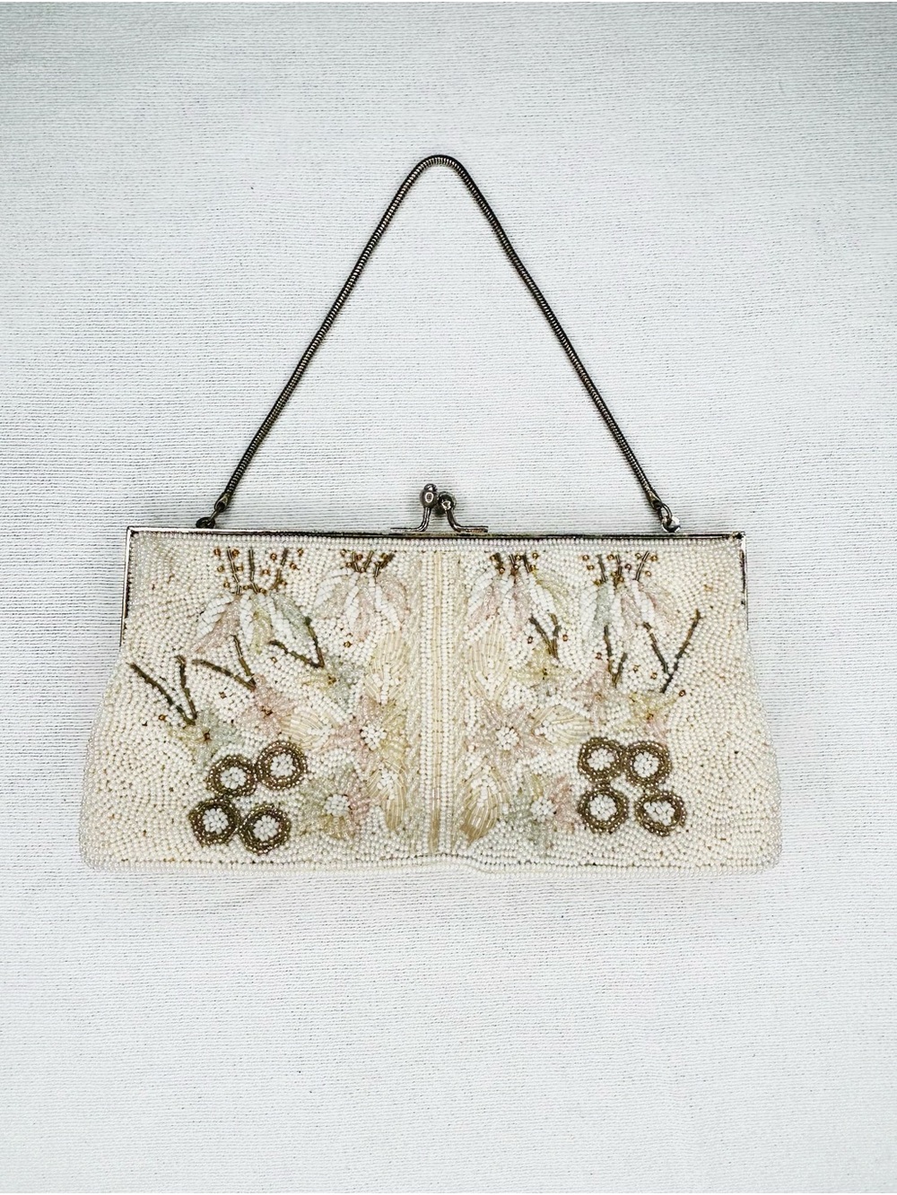 Vintage white beaded Evening Clutch Handbag tuckable chain Bridal Wedding
